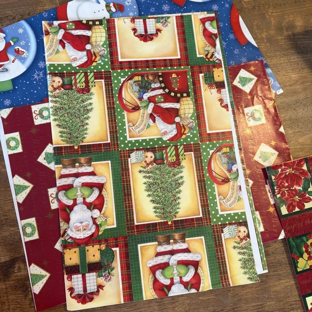 Lot of Flat Christmas Wrapping Paper Poinsettia Santa Wreath Holiday Gift Wrap